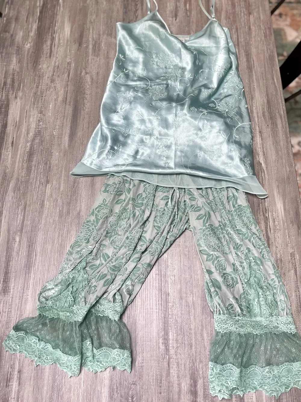Morgan Taylor Mint Green Satin Camisole w Floral Embroidery Bloomers